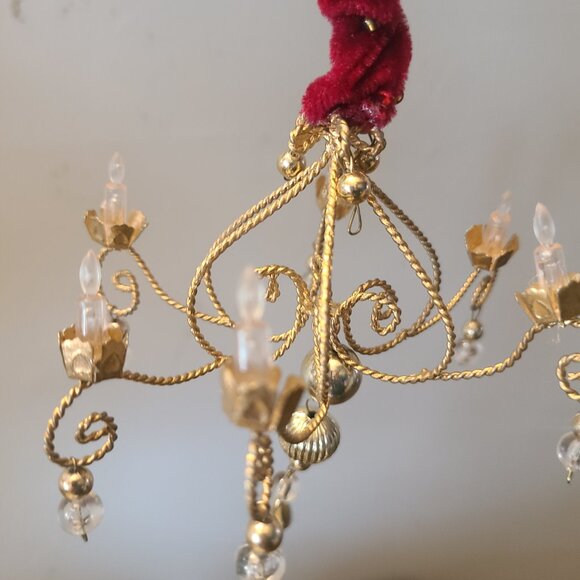 VTG Beaded Chandelier Ornament Gold W/ Red Velvet Top Candle Shaped 7" - Picture 3 of 5